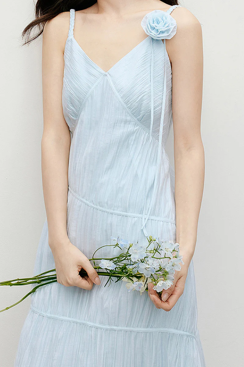 Baby Blue V-Neck Spaghetti-Strap Textured Midi Dress - HBQMJX