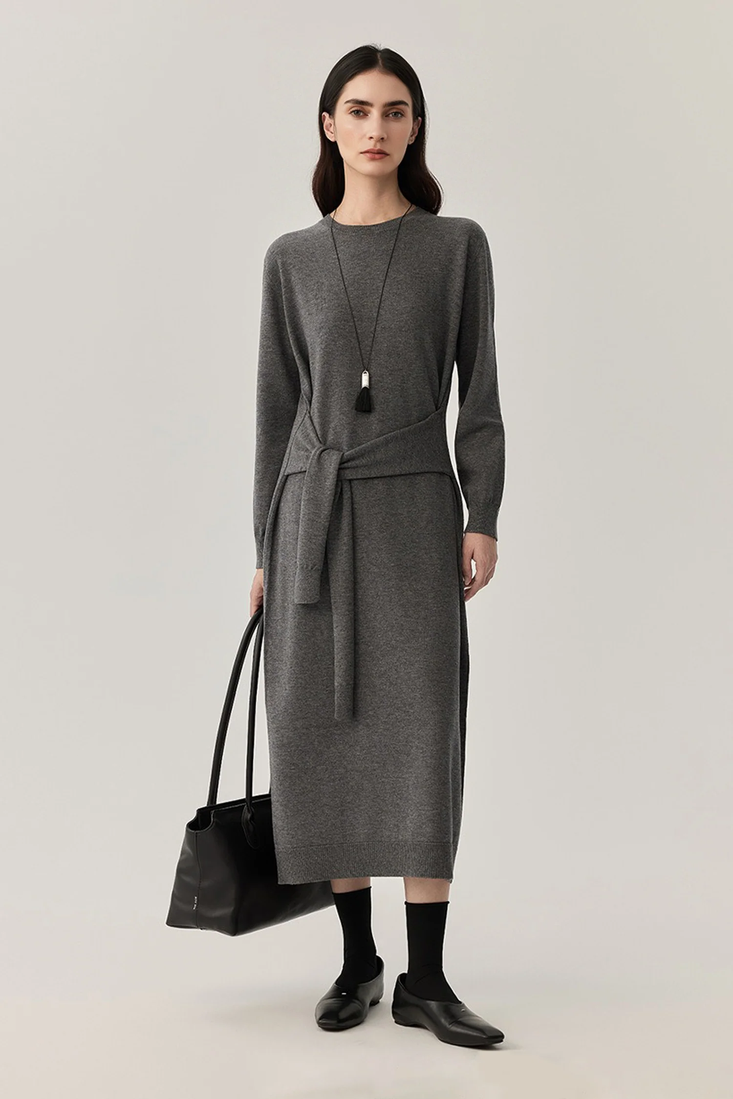 Washable Wool Long Sleeve Tie-Waist Midi Sweater Dress - HBQMJX