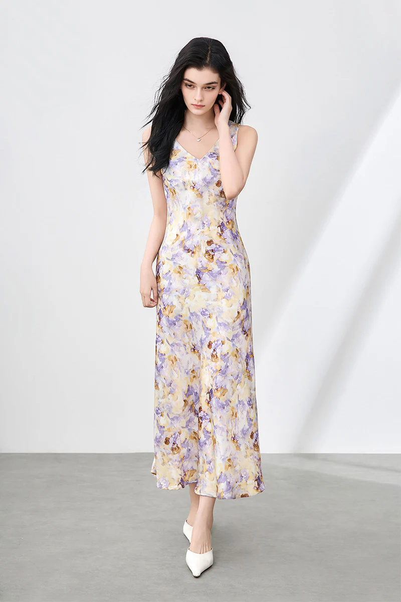 Purple Floral Sleeveless V-Neck Satin Midi Dress - HBQMJX