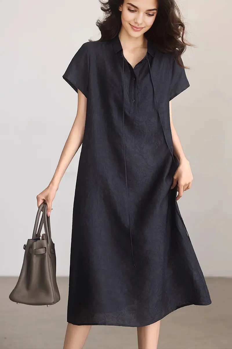 Linen-Blend Jacquard A-Line Shirt Dress in Navy Blue - JIEEQQ