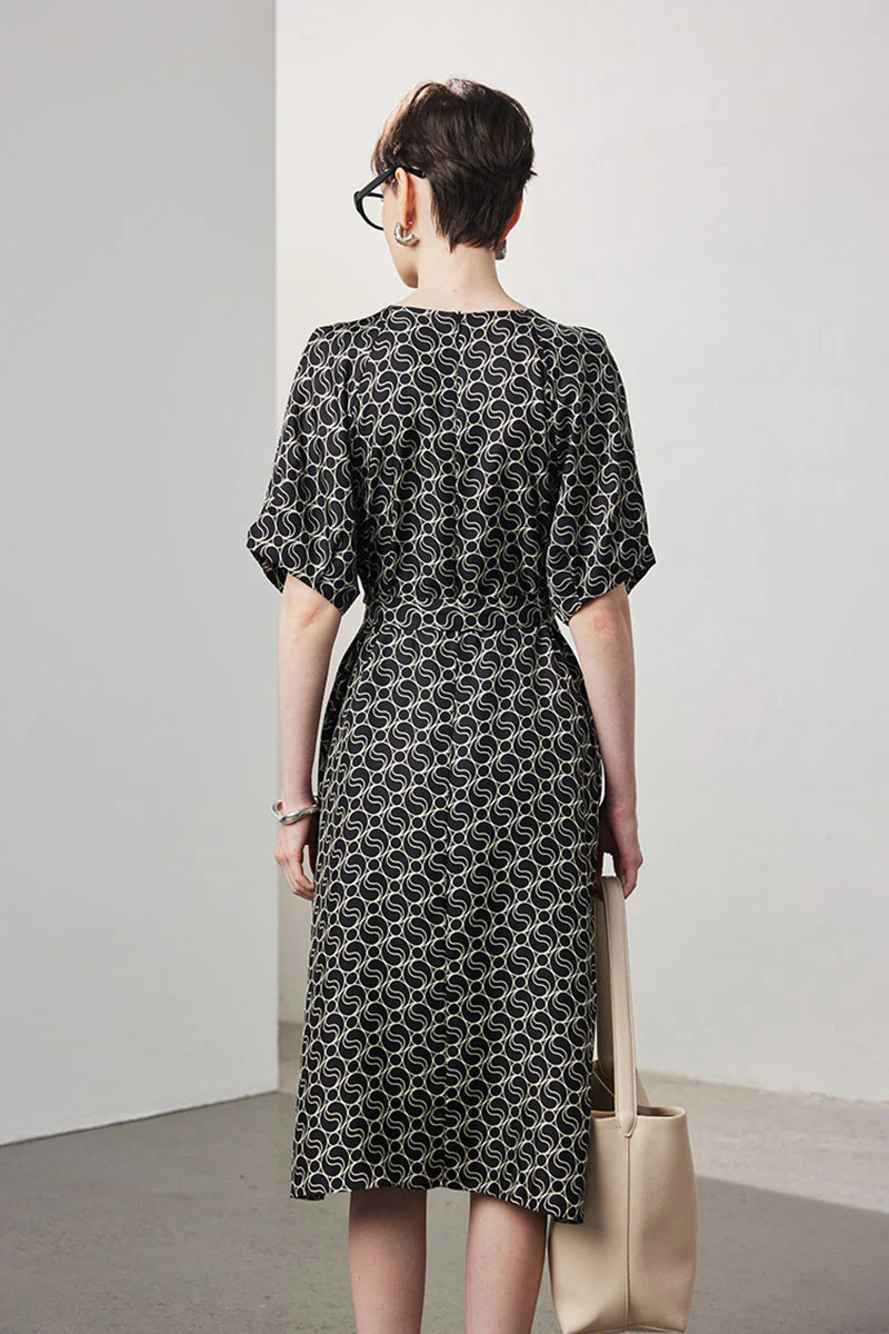 100 Mulberry Silk Chain Print Puff-Sleeve Belted Midi Dress with Pockets - HBQMJX