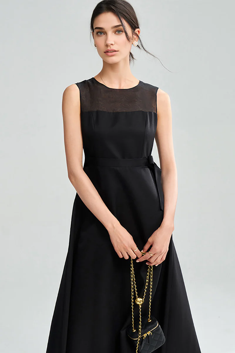 Black Sleeveless A-Line Organza Midi Dress with Bow - HBQMJX