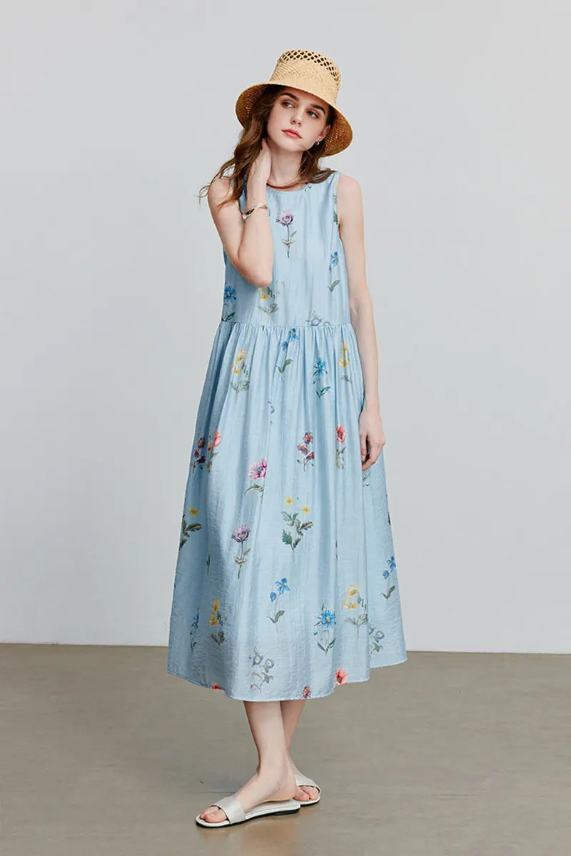 Blue Floral Linen Sleeveless Fit & Flare Midi Dress - HBQMJX
