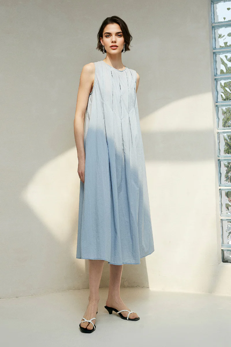 Causal Summer Pleat Textured Blue Tank Midi Dress - HBQMJX