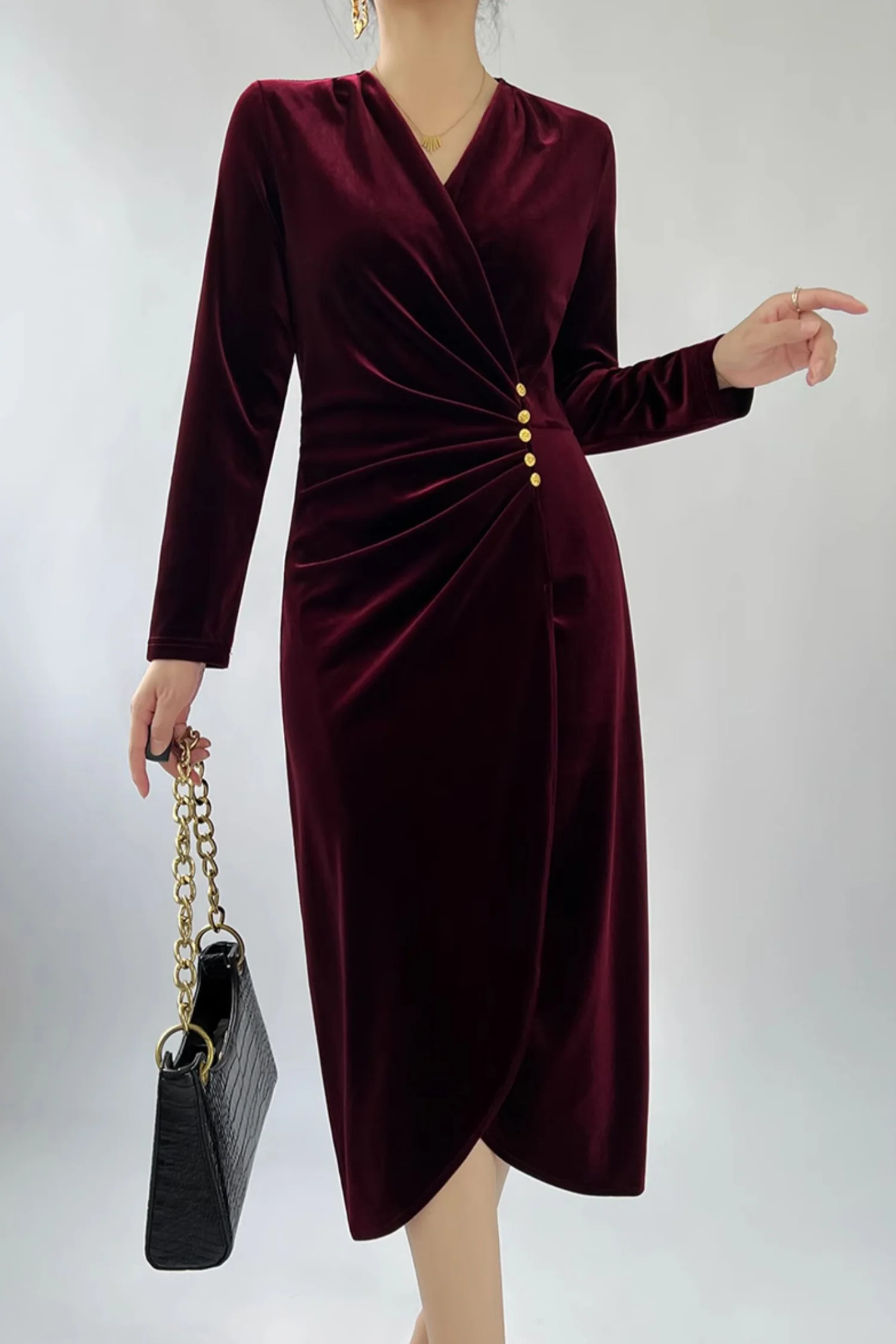 Burgundy Velvet Ruched Long Sleeve V-Neck Midi Dress - HBQMJX