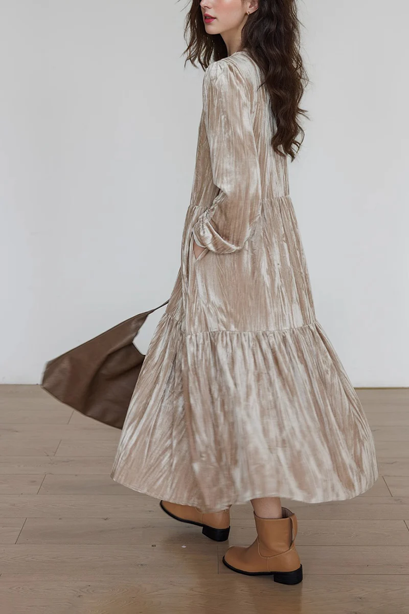 Tiered Long-Sleeve Button-Down A-Line Velvet Midi Dress - HBQMJX