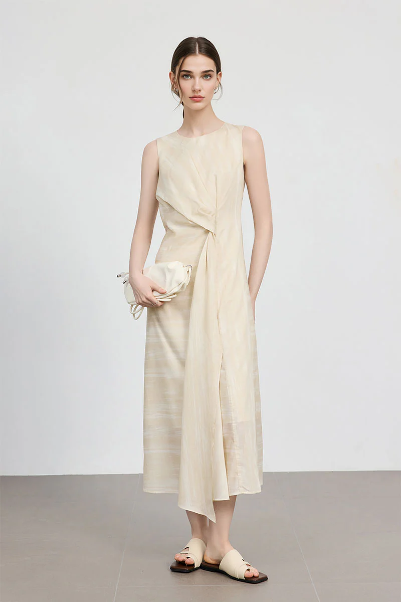 Draped Sleeveless Midi Dress in Yellow Ombre - HBQMJX