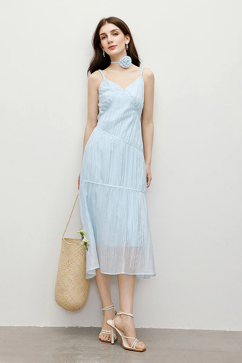 Baby Blue V-Neck Spaghetti-Strap Textured Midi Dress - HBQMJX