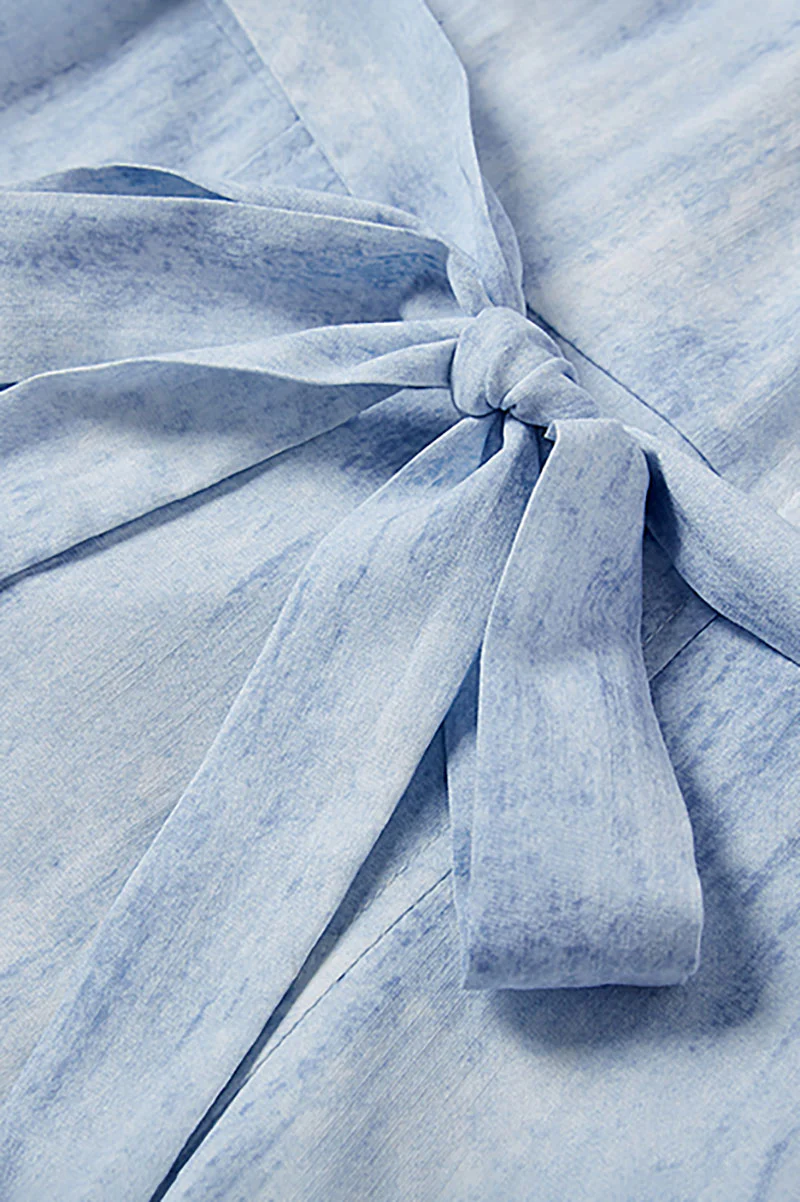 Blue Puff-Sleeve Flare Midi Dress with Belt - HBQMJX