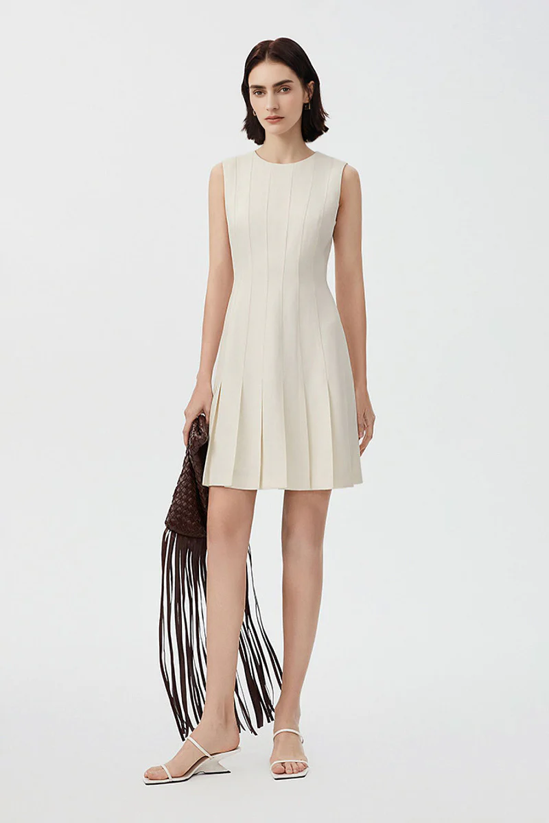 White Pleated Sleeveless A-Line Mini Dress in Triacetate - JIEEQQ