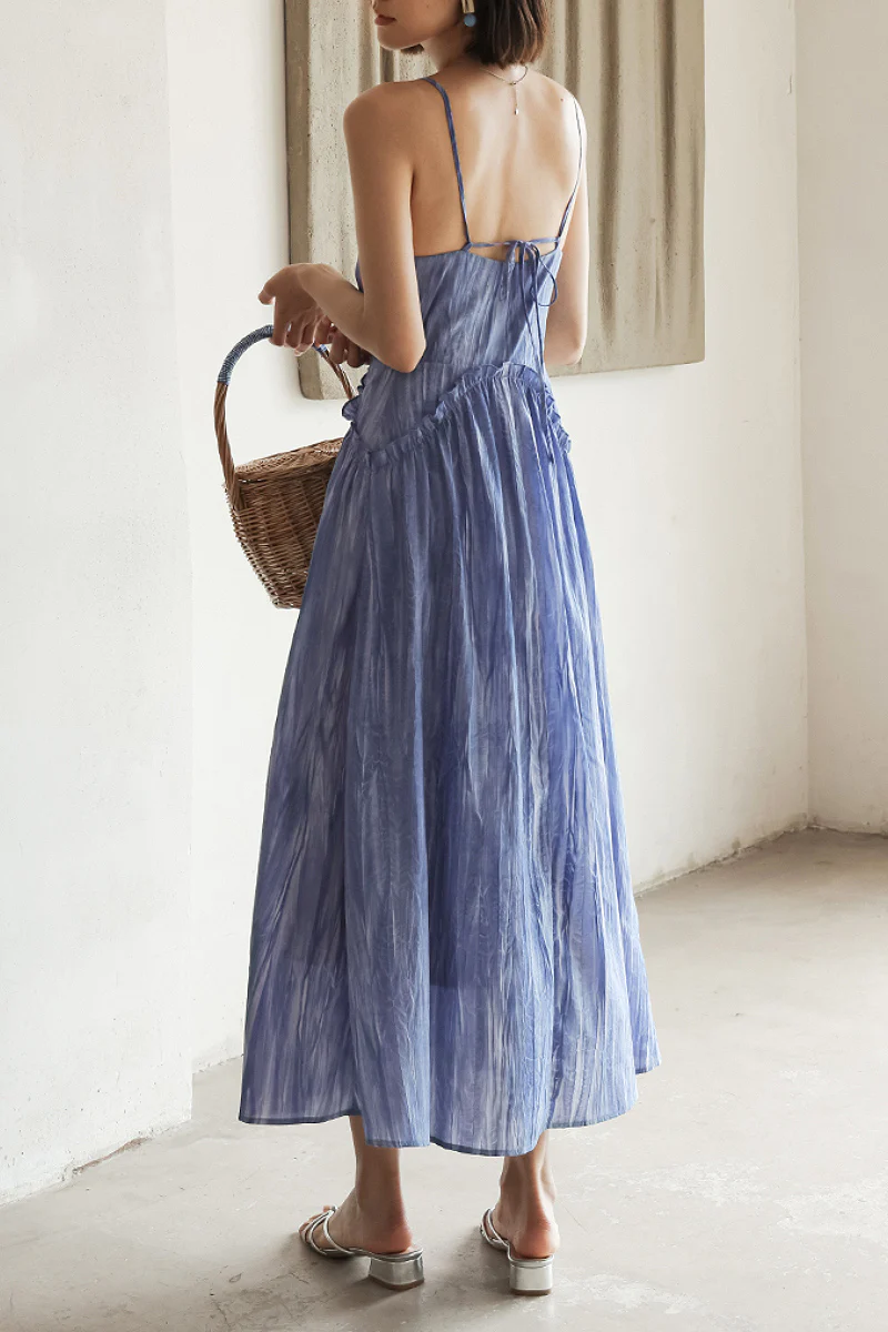 Blue Tie-Dye Spaghetti-Strap Midi Dress - HBQMJX