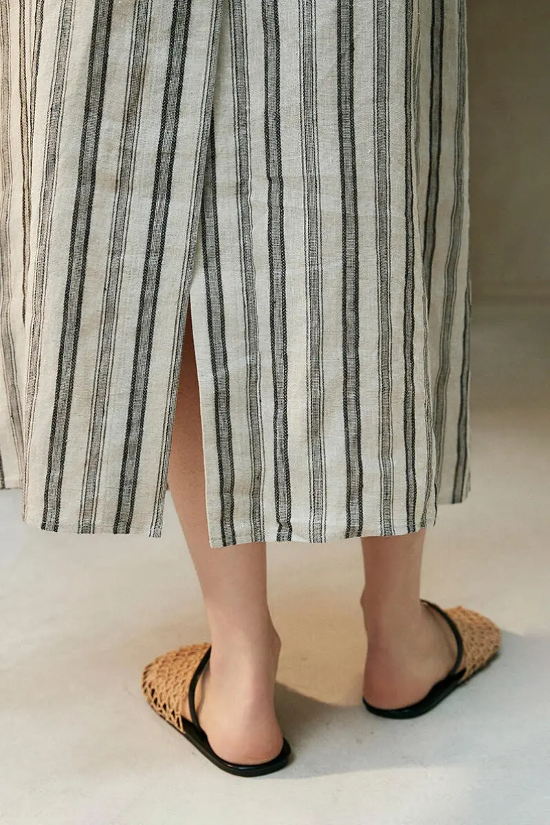 100 French Linen Striped Sleeveless Maxi Dress - HBQMJX