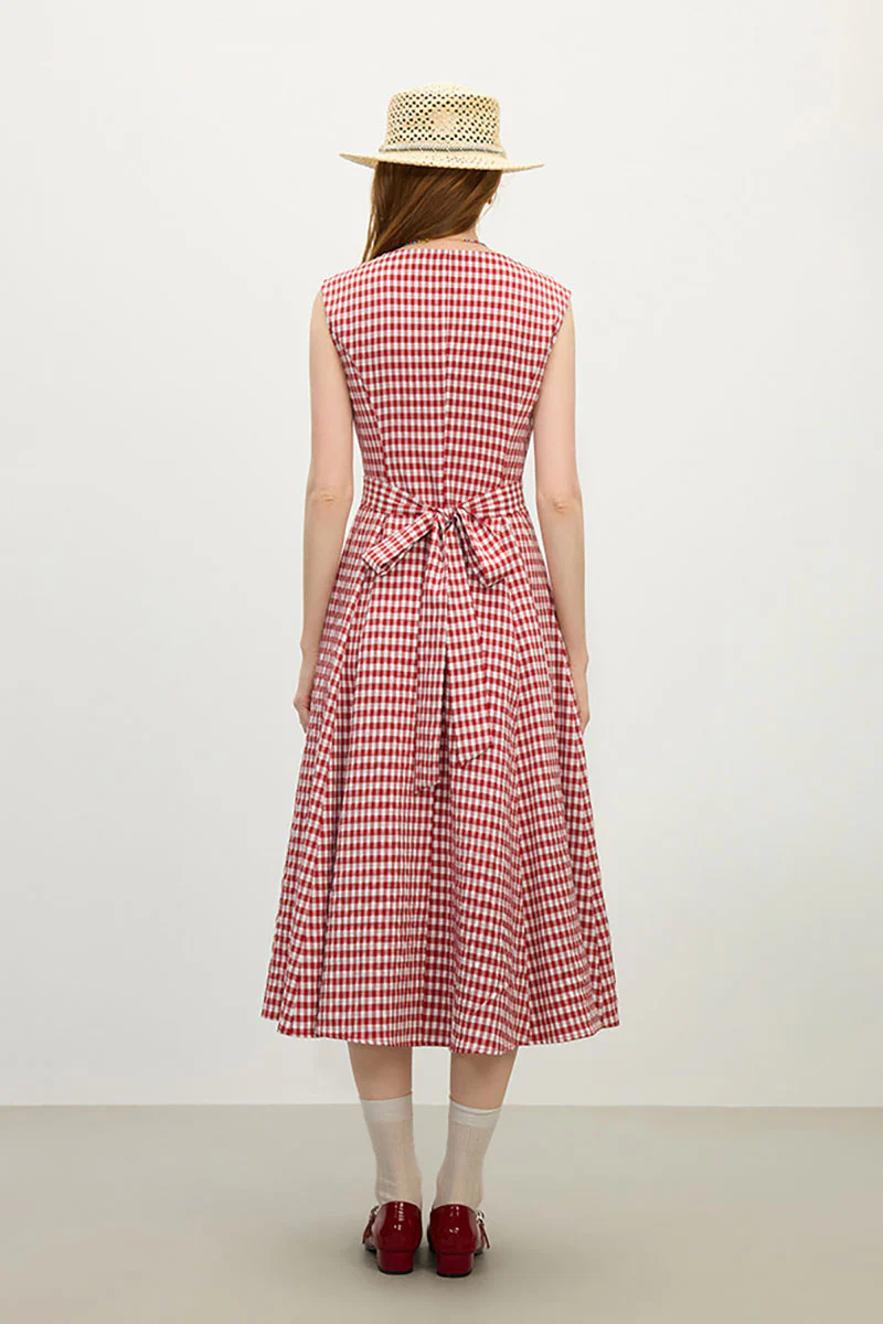 Red Gingham A-Line Midi Dress with Back Tie - HBQMJX