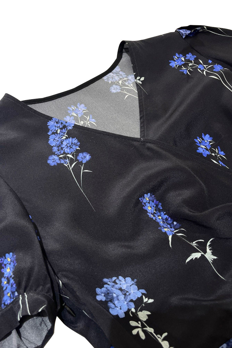 100 Mulberry Silk Floral Puff-Sleeve V-Neck Wrap Midi Dress - HBQMJX