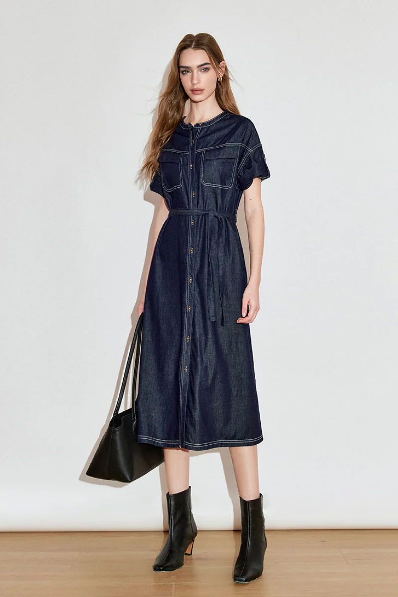 Denim Short-Sleeve Button-Up Belted Midi Shirt Dress with Back Slit - HBQMJX