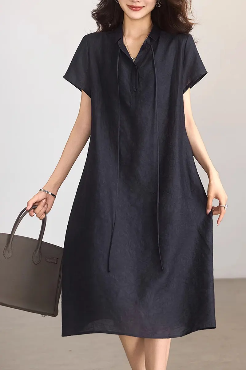 Linen-Blend Jacquard A-Line Shirt Dress in Navy Blue - JIEEQQ