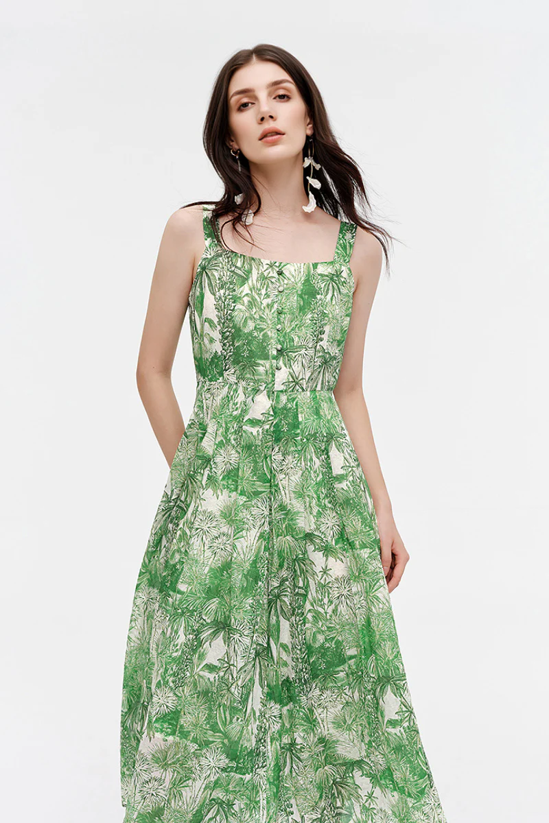 Green Floral Square-Neck Sleeveless Midi Dress - HBQMJX