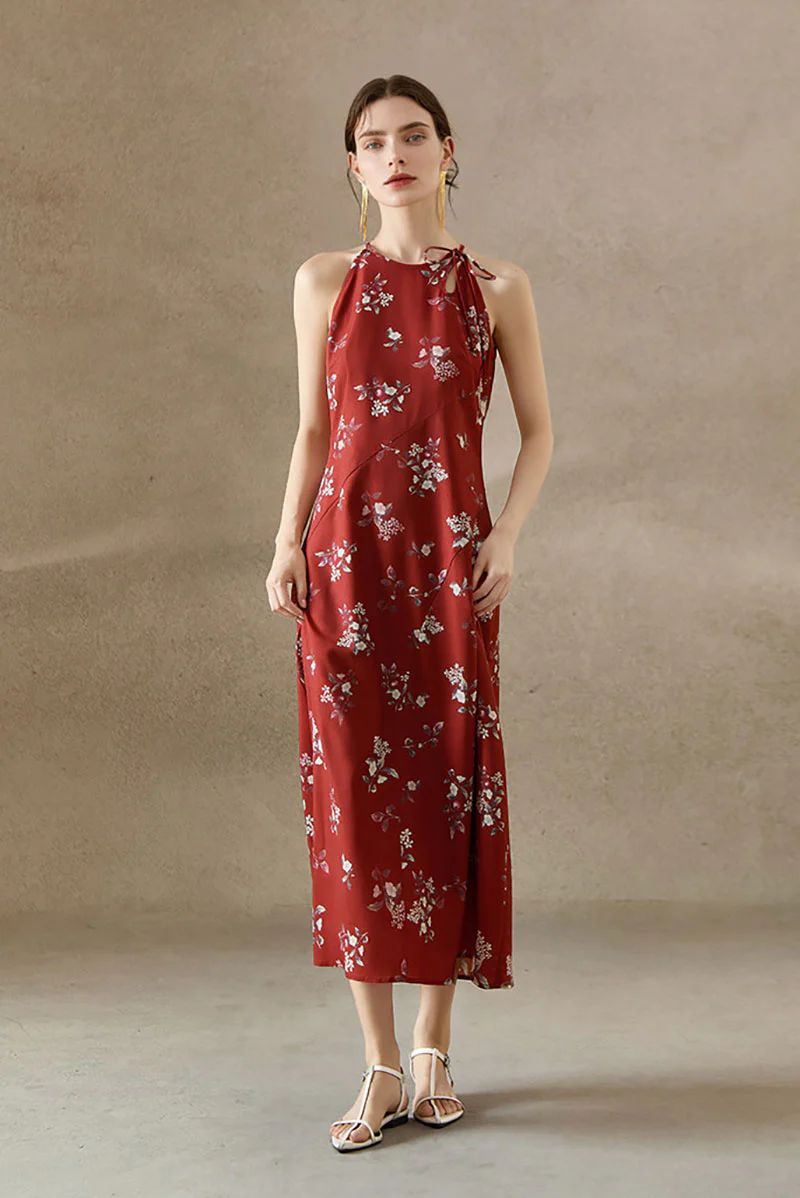 Red Jacquard Halter Midi Dress with Shoulder Bow - HBQMJX