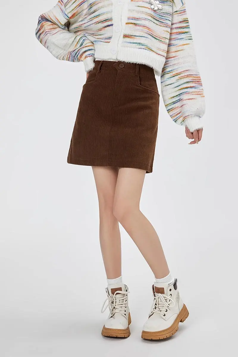 High Waist Corduroy Mini Skirt With Side Pockets - HBQMJX