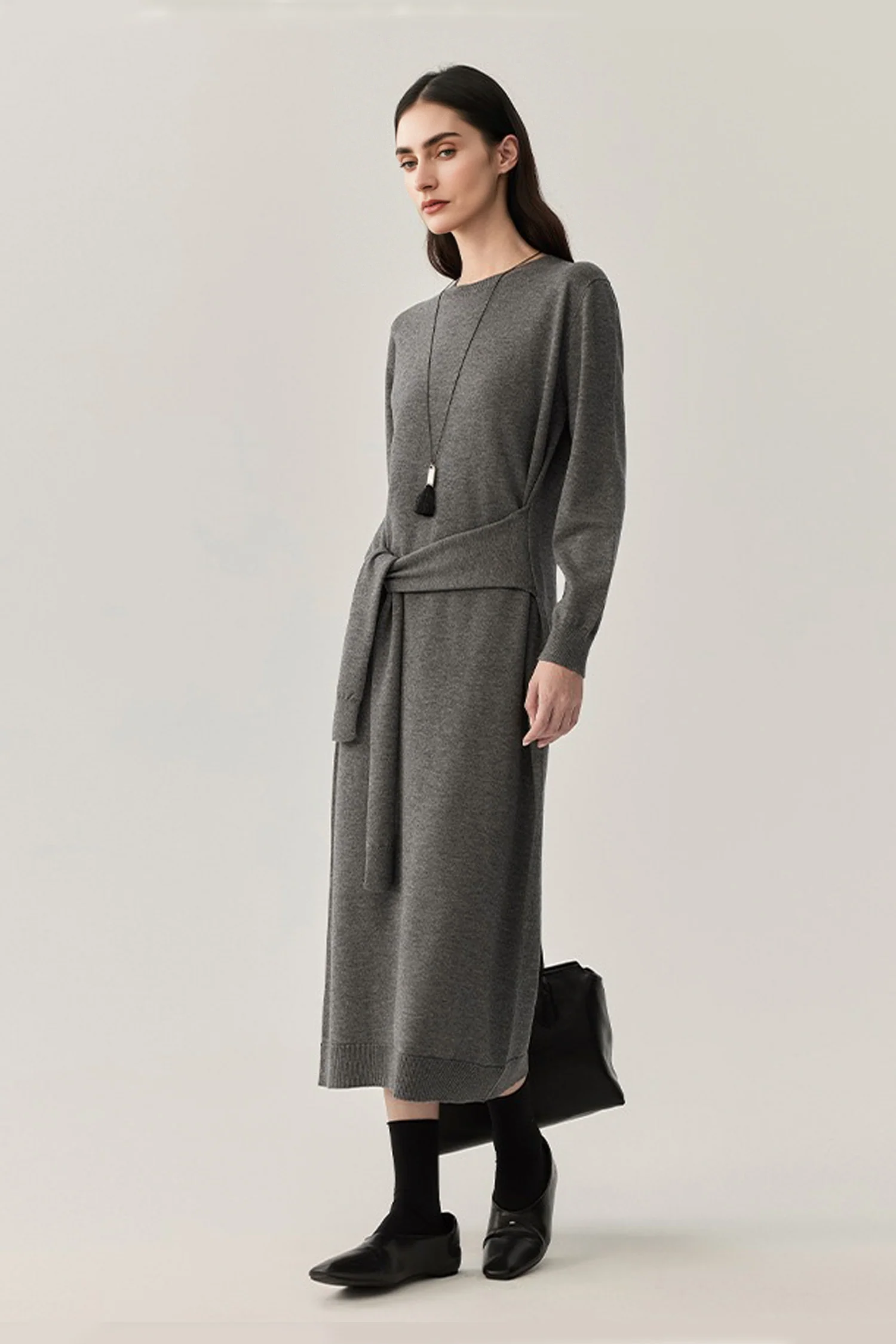 Washable Wool Long Sleeve Tie-Waist Midi Sweater Dress - HBQMJX