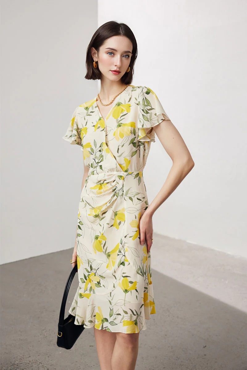 100 Mulberry Silk Floral Flutter-Sleeve V-Neck Ruffle Wrap Midi Dress - HBQMJX
