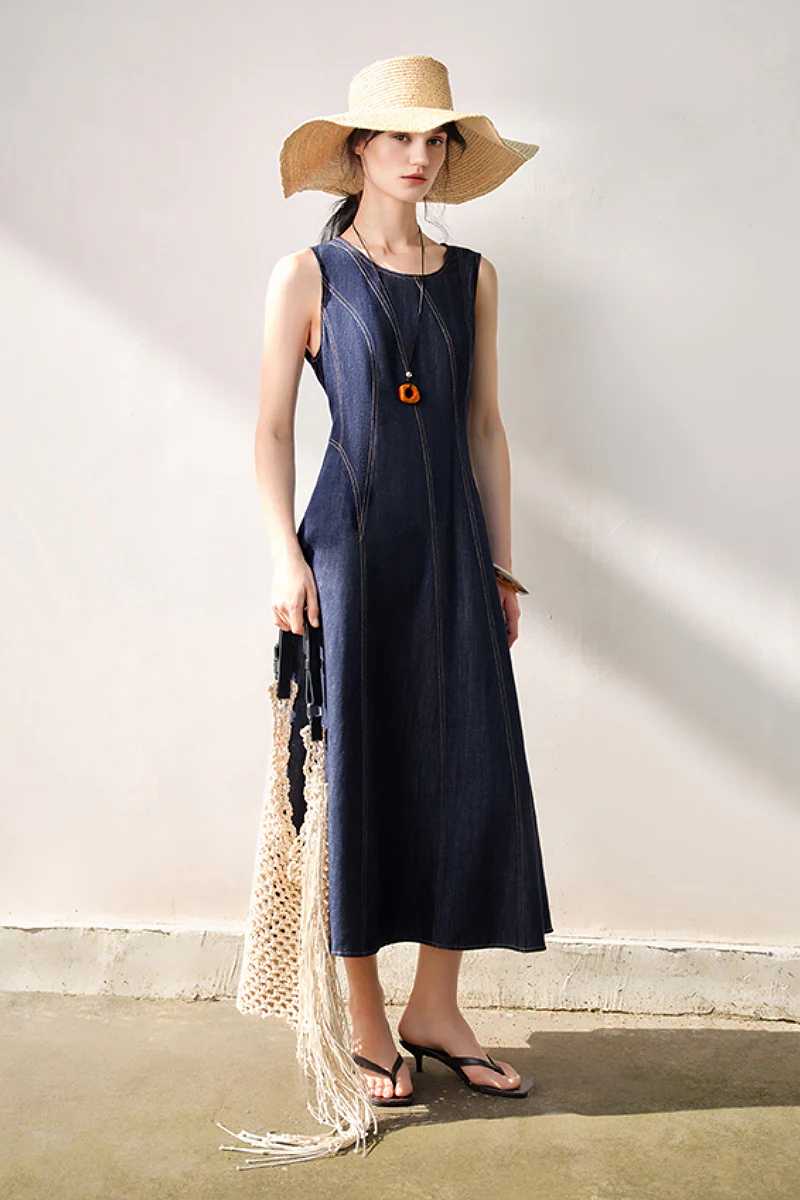 Denim Sleeveless A-Line Midi Dress - HBQMJX