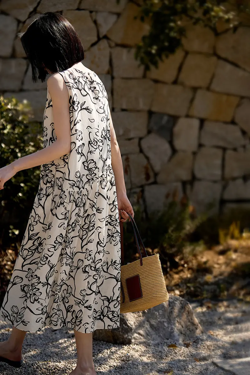 Linen Floral Sleeveless Midi Dress - HBQMJX