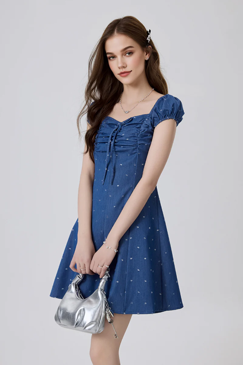 Denim Puff-Sleeve Tie-Front Lightly Distressed Mini Dress - HBQMJX