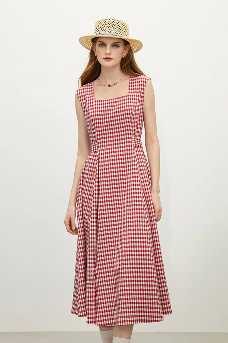 Red Gingham A-Line Midi Dress with Back Tie - HBQMJX