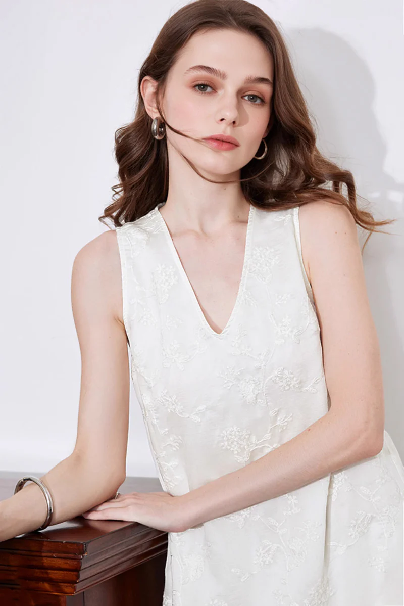 White Asymmetrical Heavy-Embroidery Sleeveless Midi Dress in Lyocell - HBQMJX