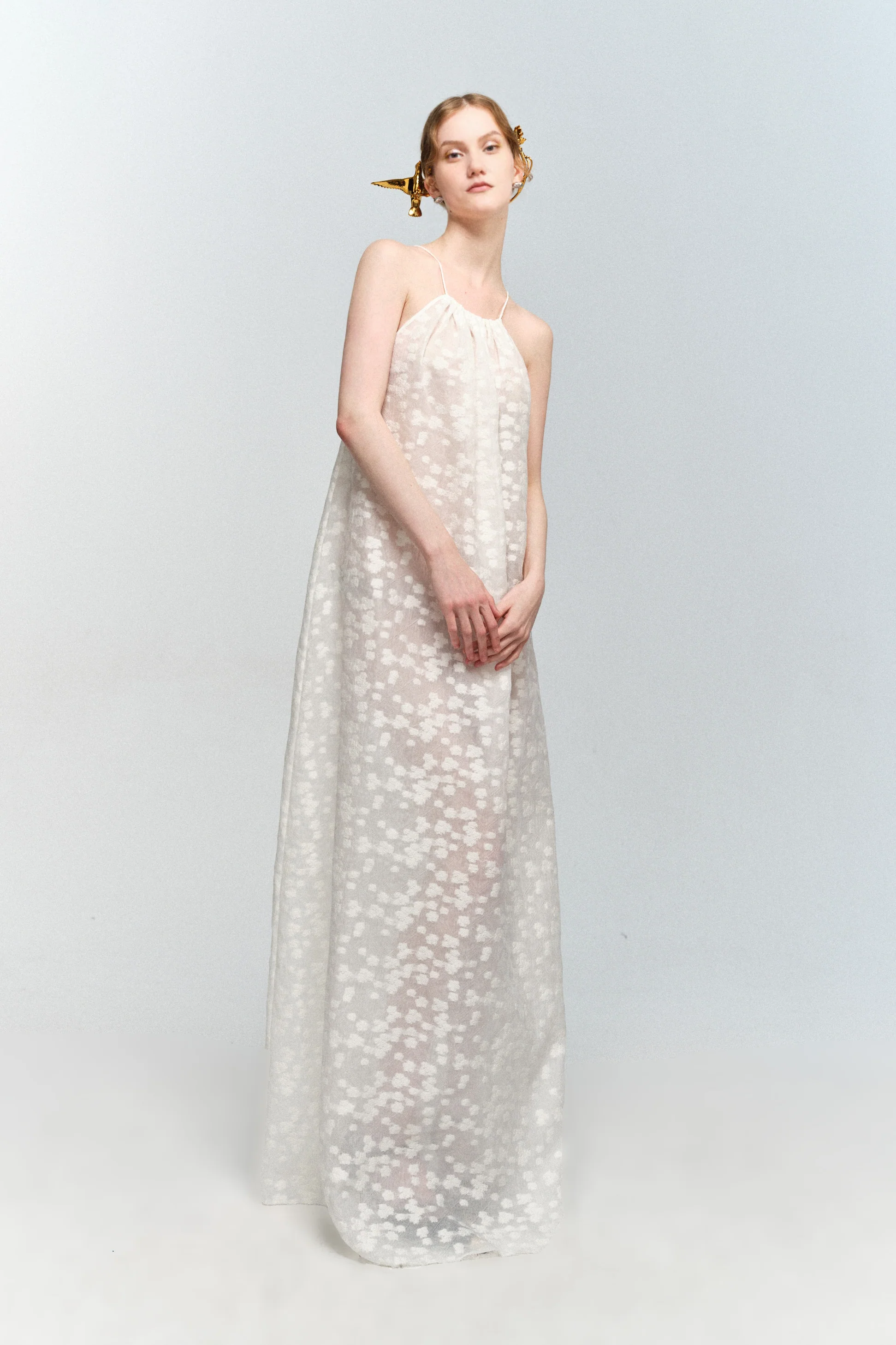 Halter Neck White Floral Jacquard Dress - HBQMJX