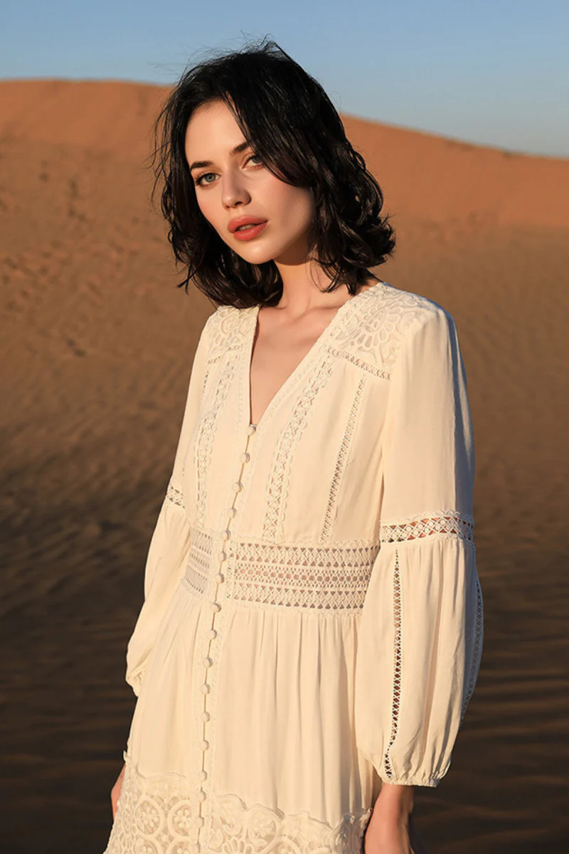 Tiered A-Line Long-Sleeve V-Neck Broderie Midi Dress with Front Buttons - HBQMJX