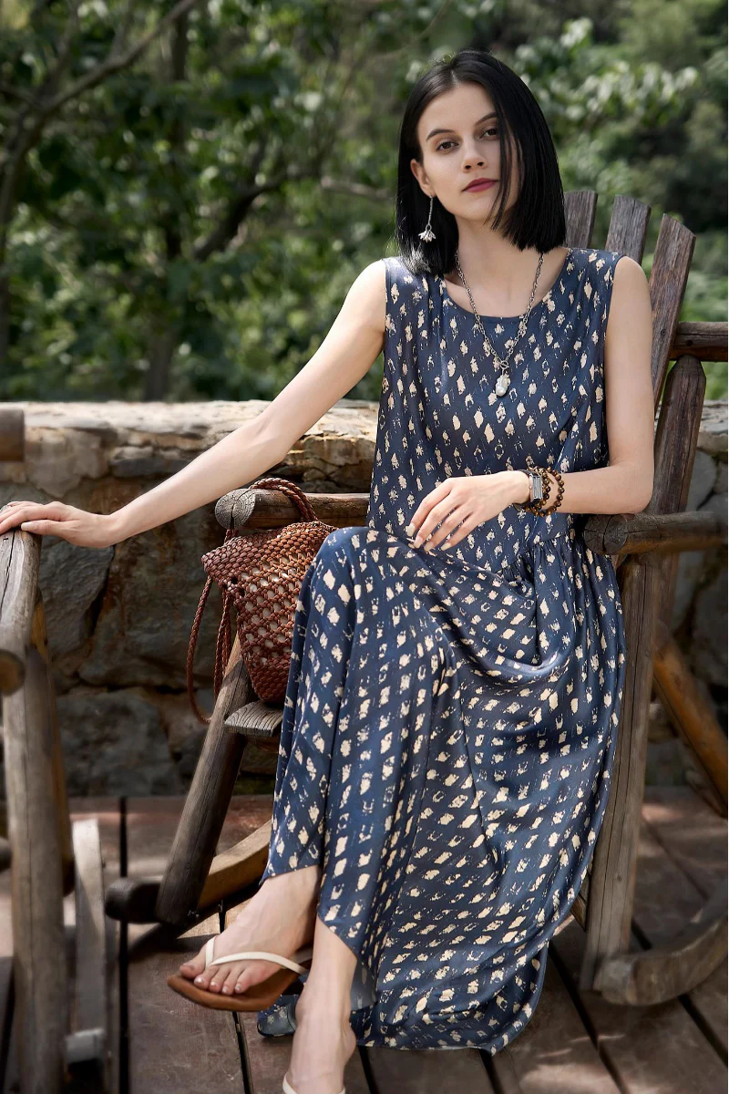100% Silk Twill Printed Trapeze Midi Dress - HBQMJX