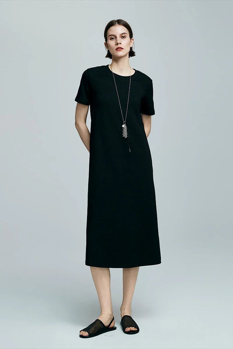 Black Midi T-Shirt Dress with Pockets - JIEEQQ