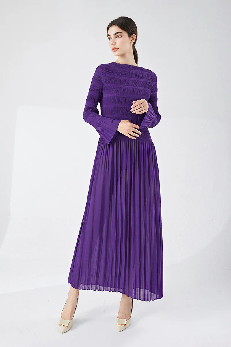 Designer Inspired Pleated Long Sleeve Smocked Maxi Dress in Purple - HBQMJX
