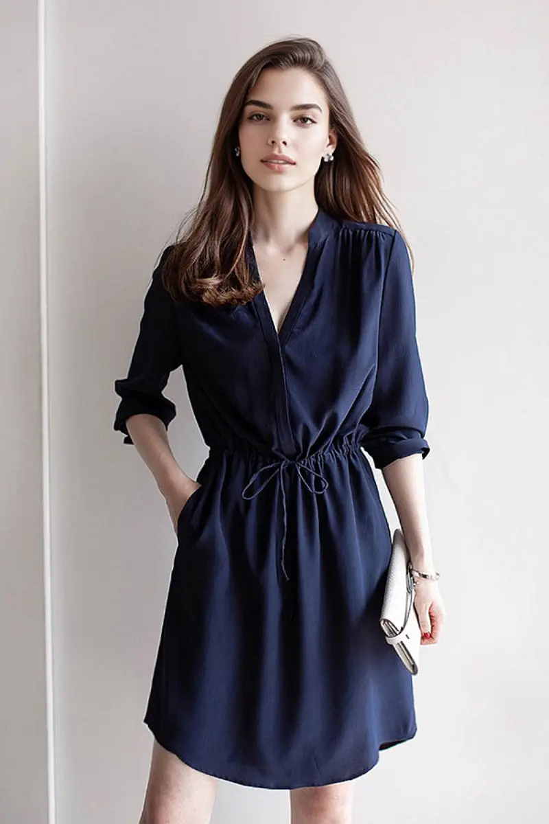 19 MM Silk Elbow-Sleeve Drawstring Waist Midi Dress - HBQMJX