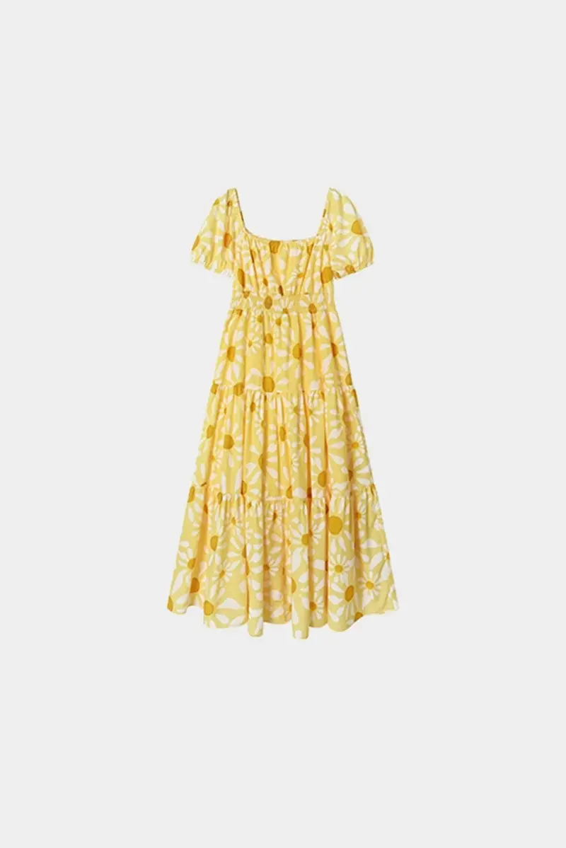 Yellow Floral Tiered Smocked Maxi Dress - HBQMJX