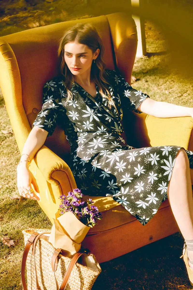 Floral Silk Double Crepe Wrap Midi Dress With Elbow Sleeves - HBQMJX