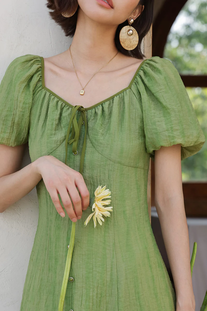 Olive Green Lyocell V-Neck Puff-Sleeve Midi Dress - HBQMJX