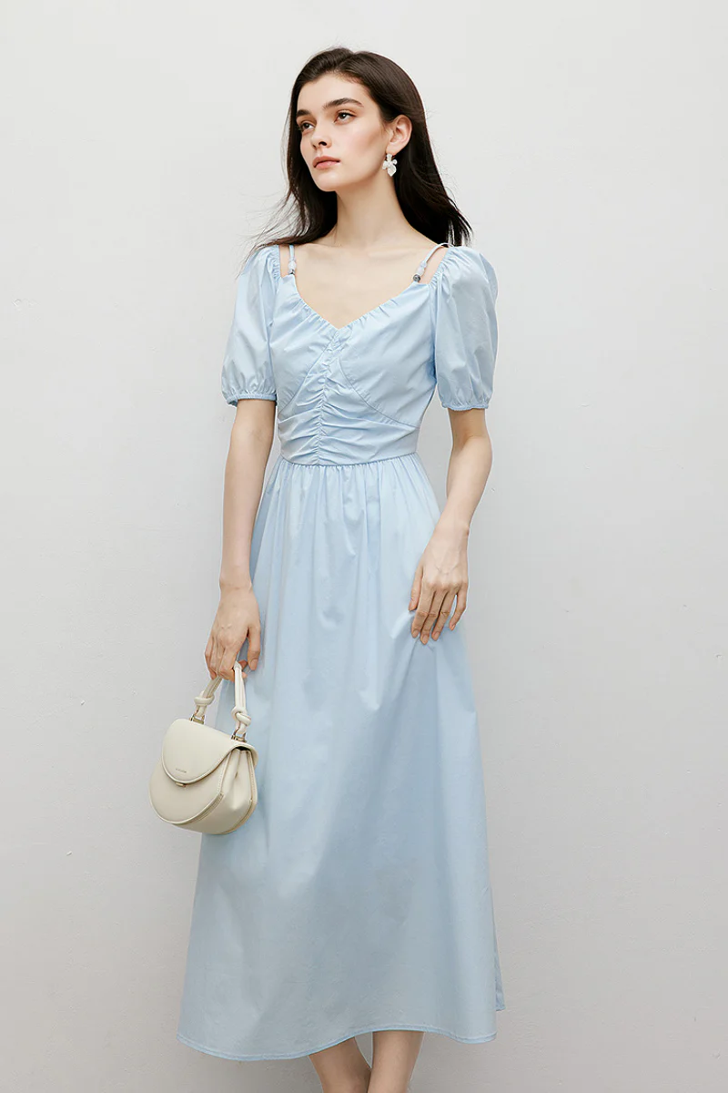 Baby Blue V-Neck Beaded Strap Midi Dress - HBQMJX