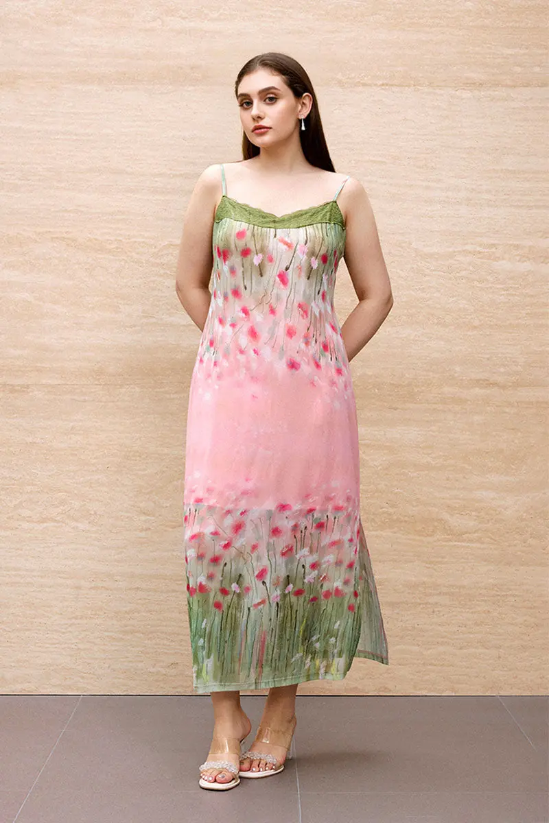 Floral Lace Mesh Slip Midi Dress with Side Slit - HBQMJX