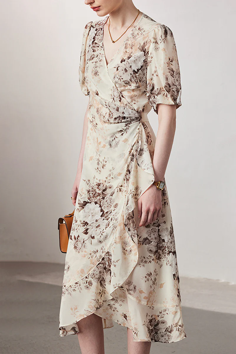100 Mulberry Silk Floral Puff-Sleeve V-Neck Ruffle Wrap Midi Dress - HBQMJX