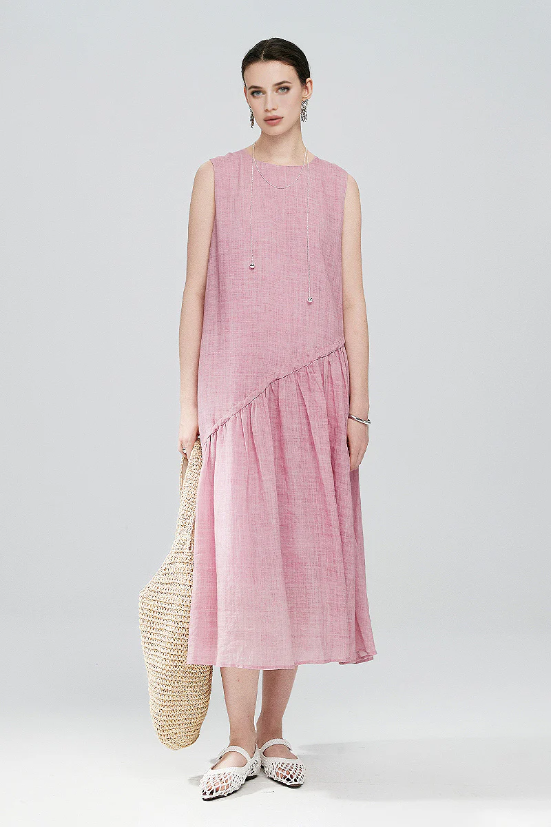 Pink Cotton-Linen Tiered Swing Beach Tank Midi Dress - HBQMJX