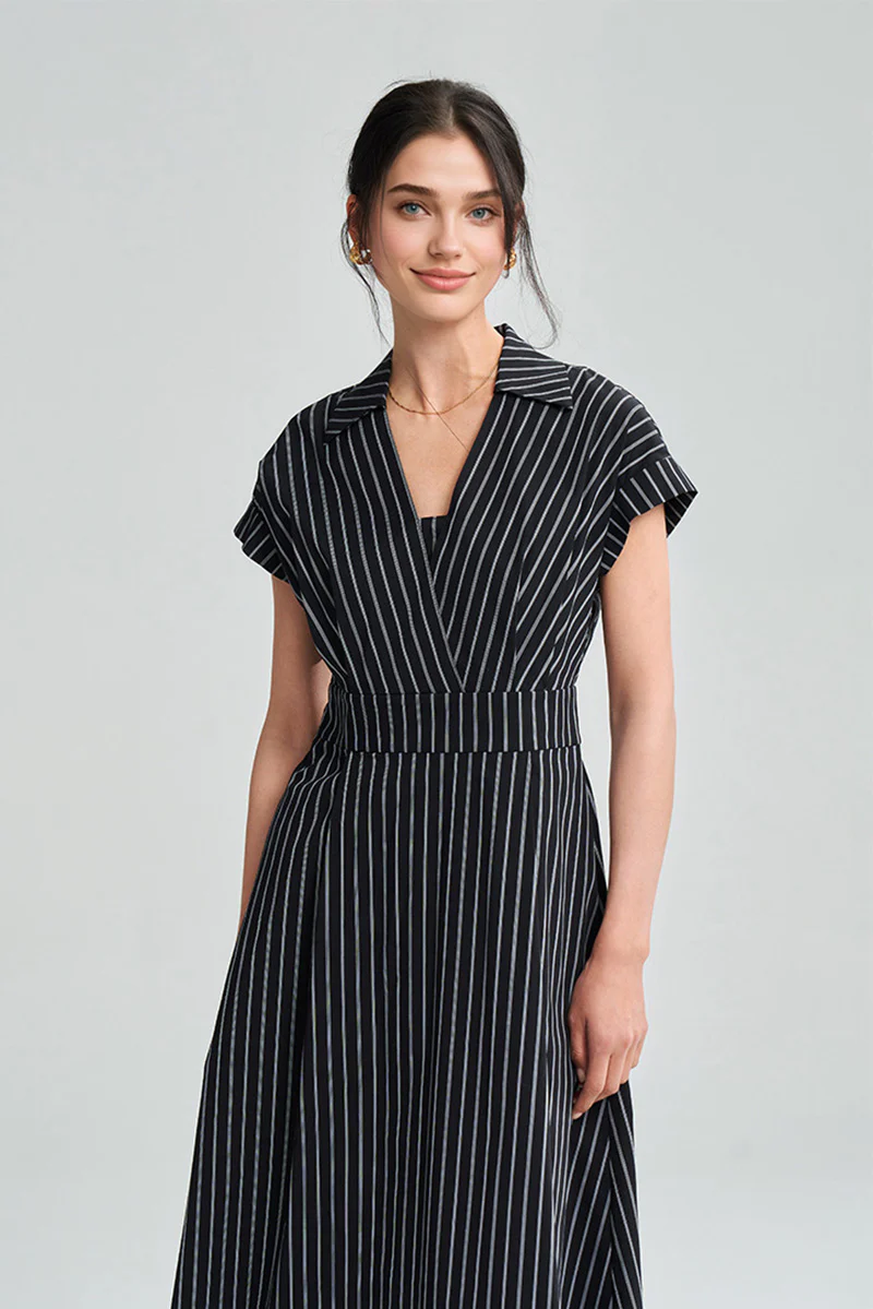 Black & White Striped A-Line Cap-Sleeve Midi Dress - HBQMJX