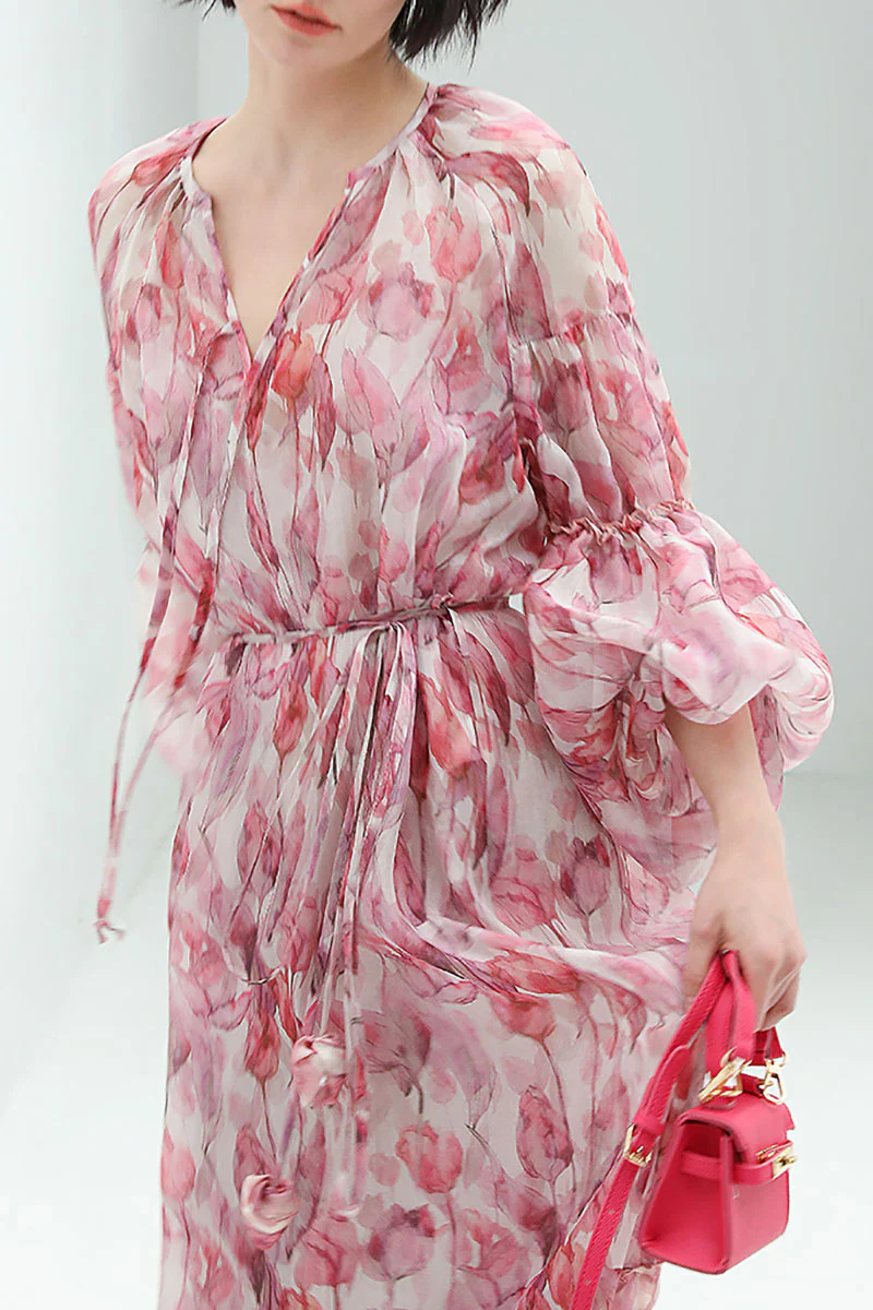 Boho Flower Balloon-Sleeve V-Neck Chiffon Maxi Dress with Underdress - HBQMJX