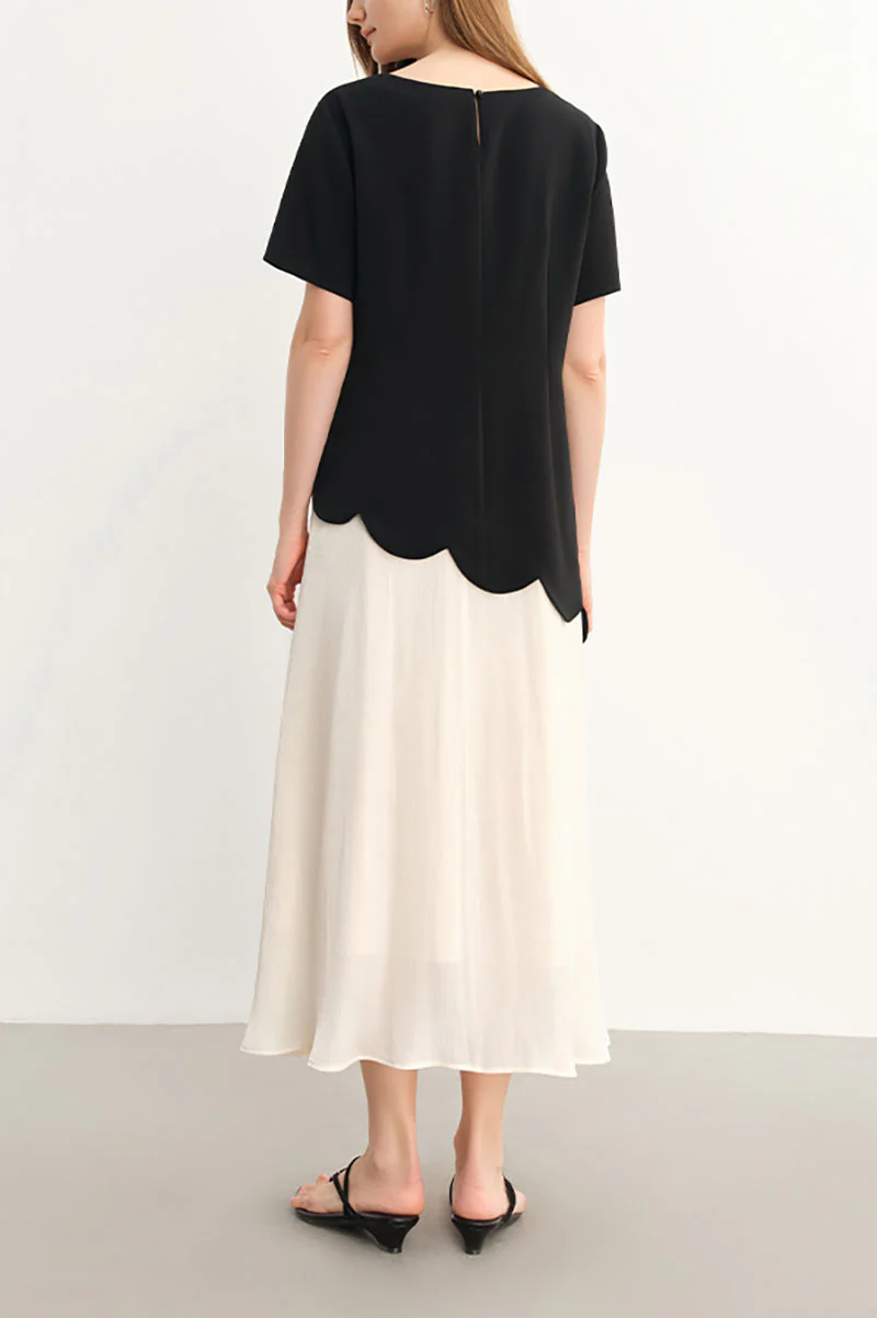 Black & White Short-Sleeve Mixed Media Midi Dress - HBQMJX