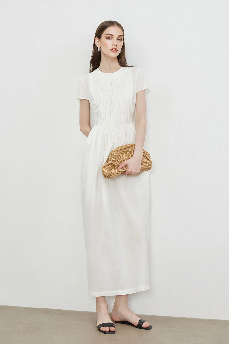 White Long-Staple Cotton Midi Dress with Front Pleat - HBQMJX