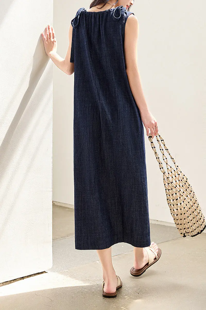 Denim Trapeze Tie-Strap Midi Dress - HBQMJX