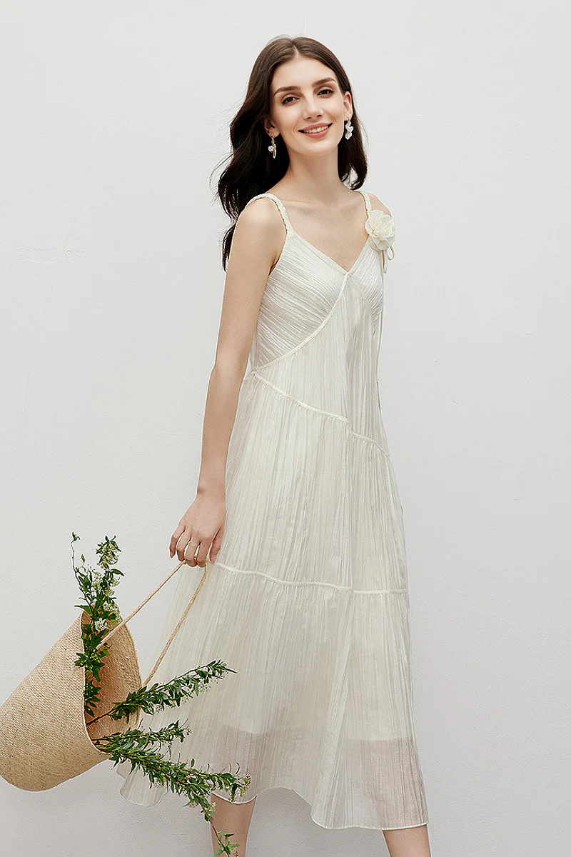 White V-Neck Spaghetti-Strap Textured Midi Dress - HBQMJX