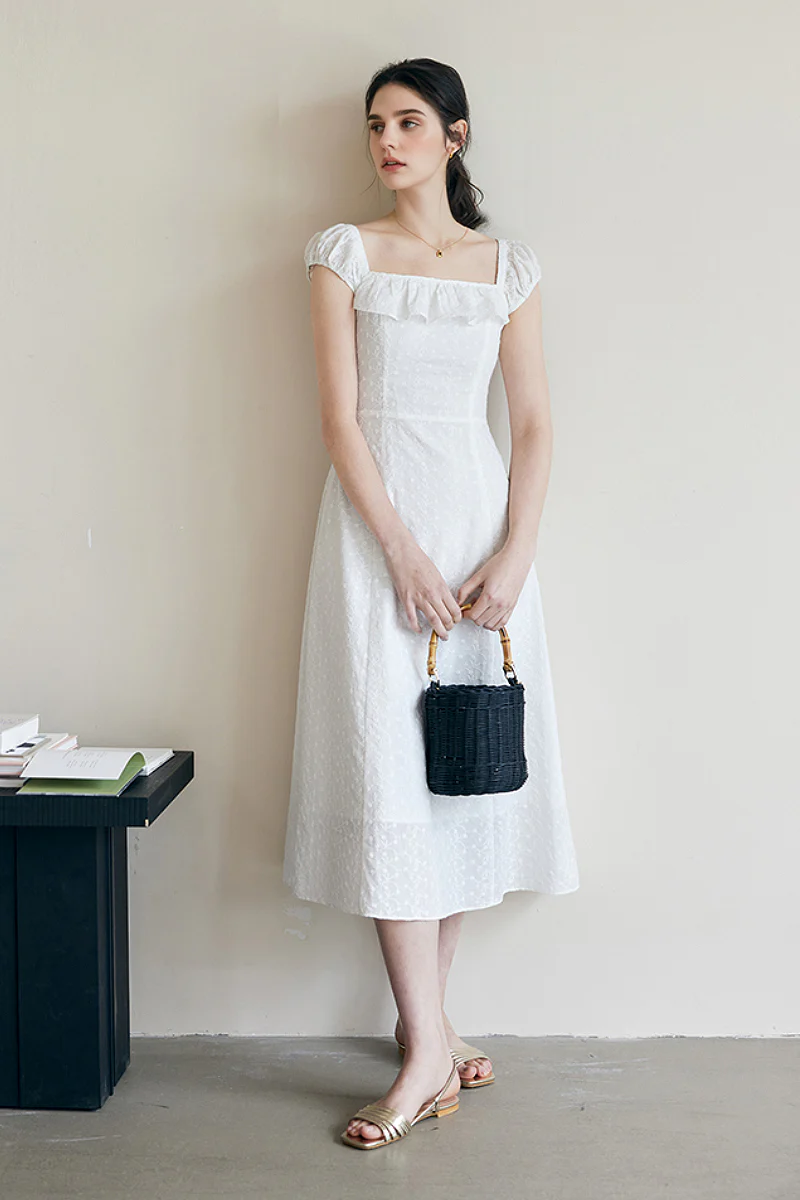 White Cotton Embroidery Off-Shoulder Midi Dress - HBQMJX